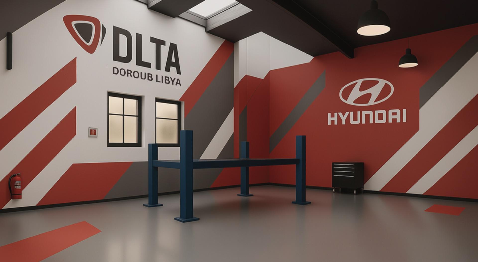 DLTA Doroub Libya workshop with a vehicle lift and red, grey and white Hyundai environmental branding