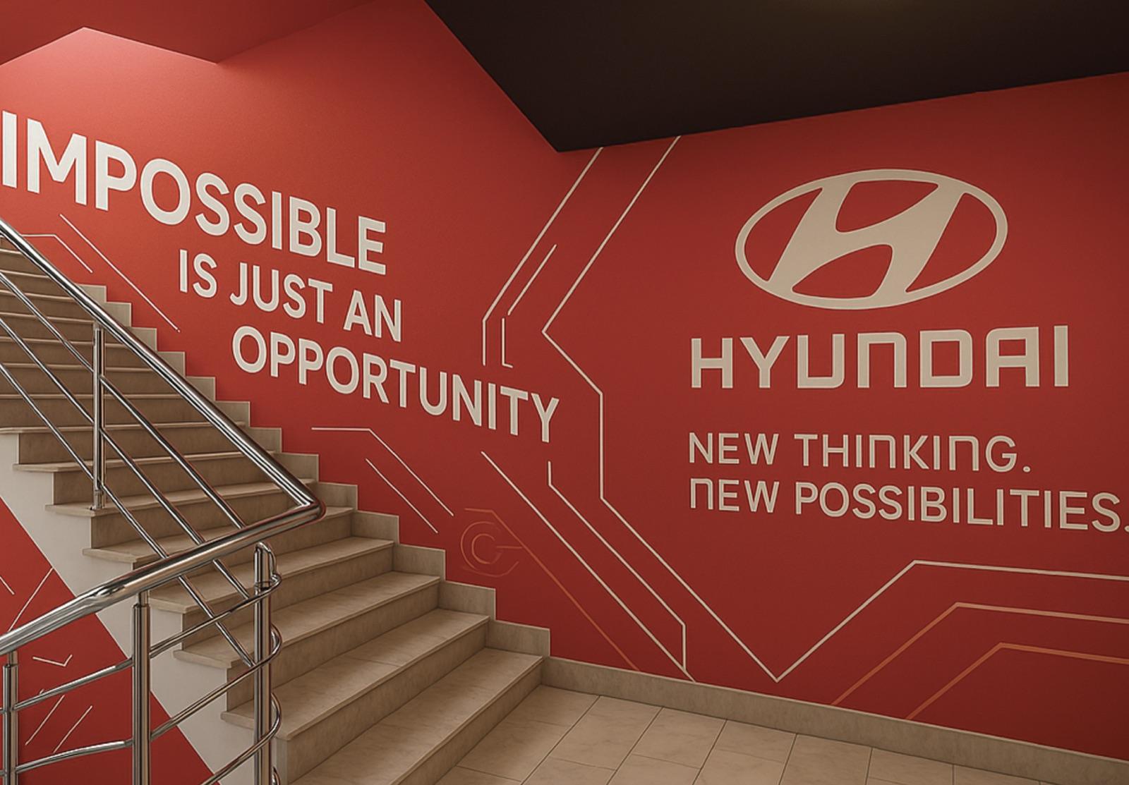 Stairway mural — “Impossible is just an opportunity” beside the Hyundai logo and New Thinking, New Possibilities
