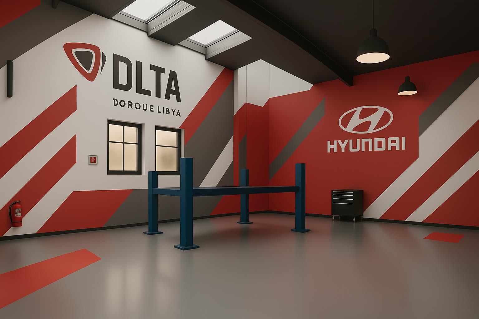 DLTA Duroue Libya workshop interior with red and grey Hyundai environmental branding