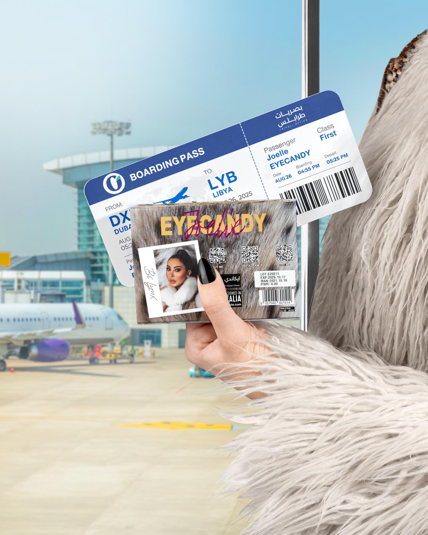 Joelle EYECANDY contact lenses — travel-themed campaign composite with a boarding pass